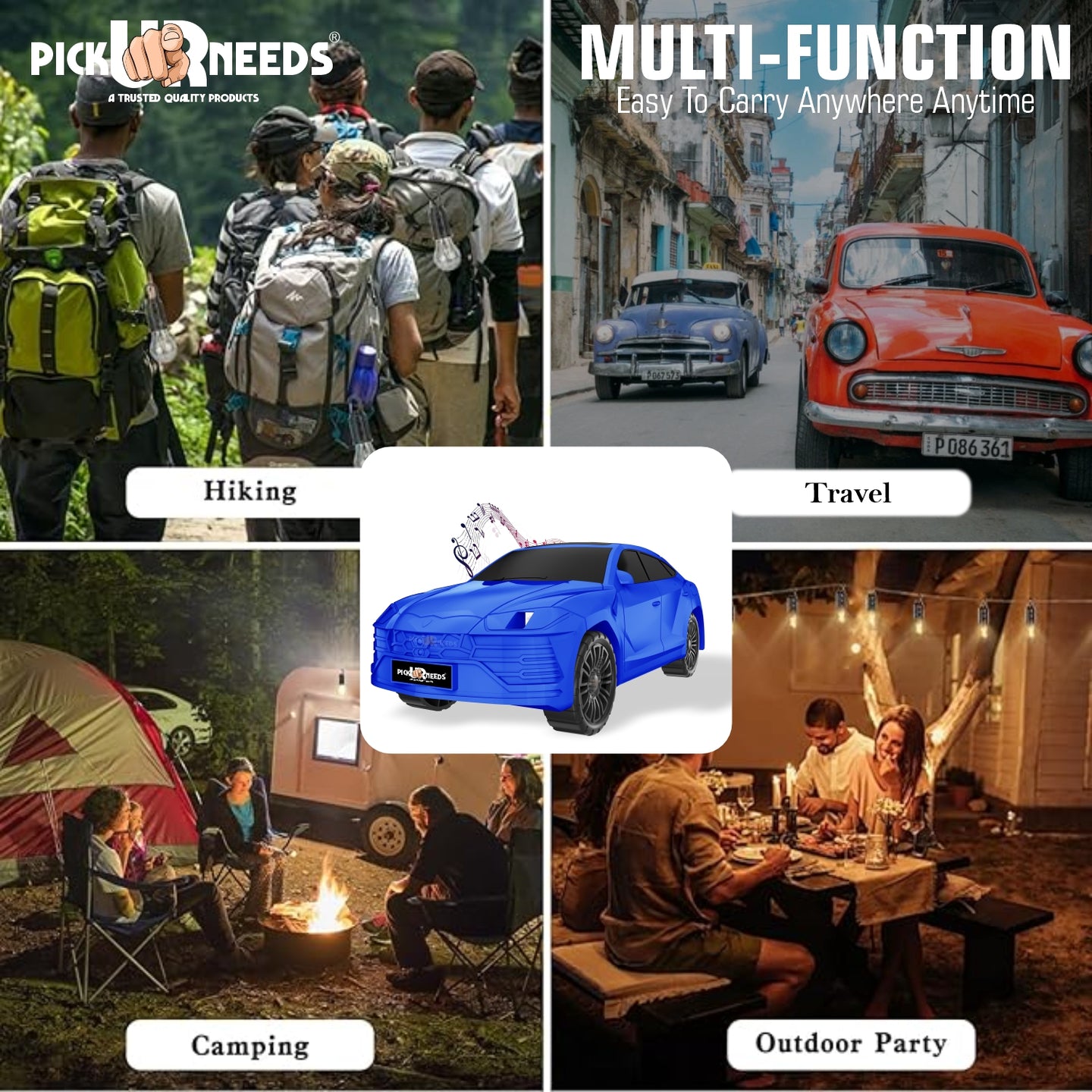 Pick Ur Needs Rechargeable Car-Shaped Speaker – RGB LED Light, USB/FM/SD Card, Type-C, 1200mAh